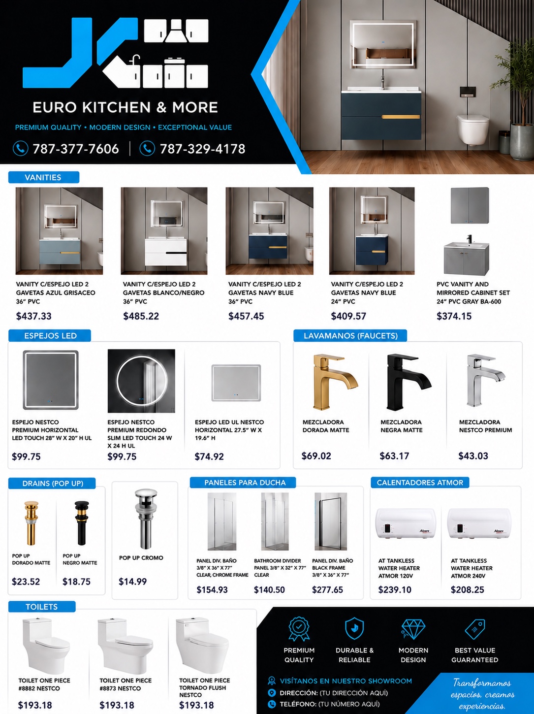Catálogo de productos para baño: vanities, espejos LED, mezcladoras, drenajes, paneles de ducha, calentadores y toilets