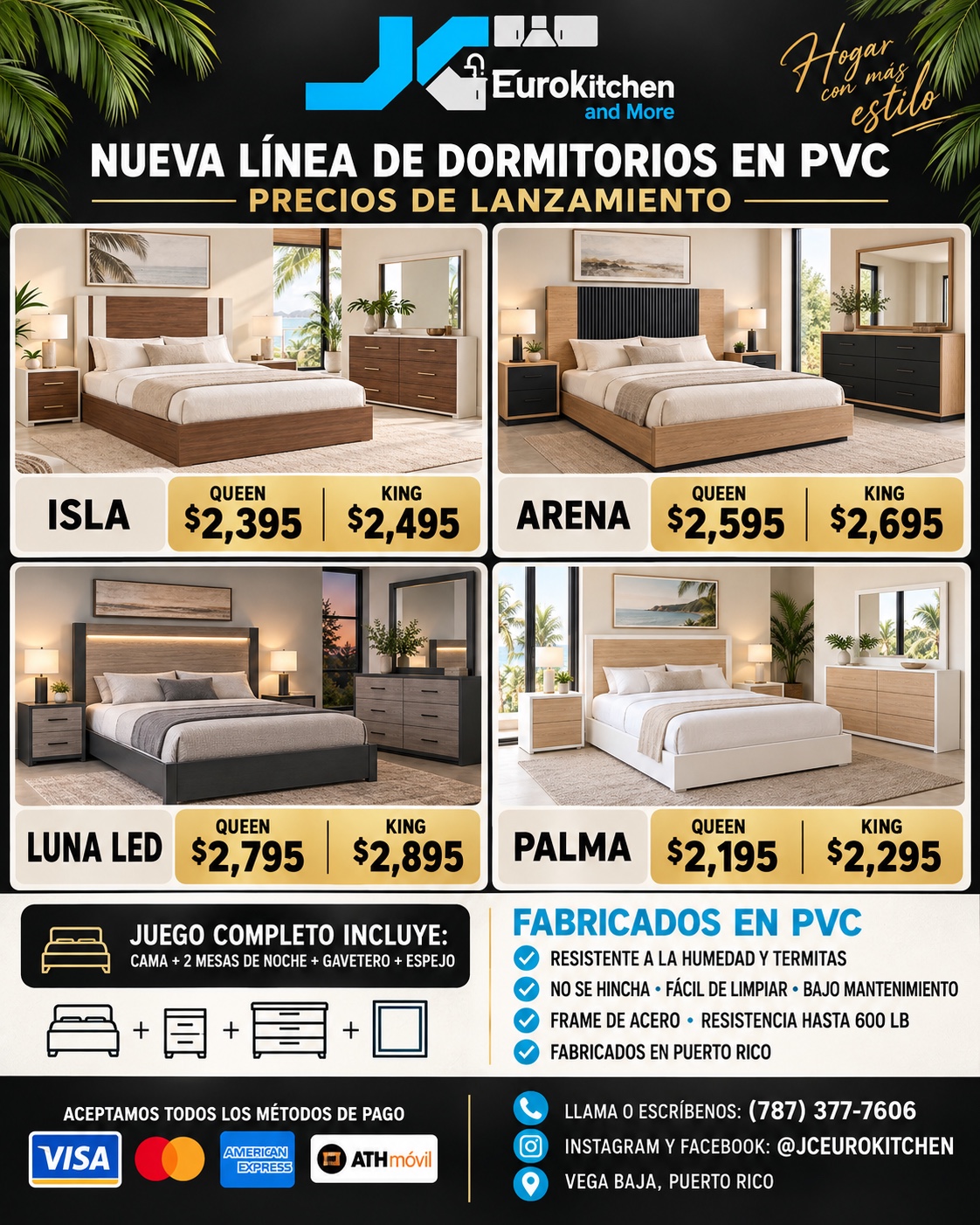 Catálogo de juegos de dormitorio en PVC modelos Isla, Arena, Luna LED y Palma con precios Queen y King